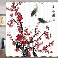 asian flower shower curtains red plum blossom bloom trees branch koi japanese art polyester fabric bathroom curtain with hooks