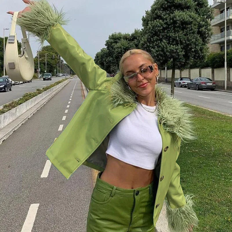 

SEASONS Women Fashion Patchwork Faux PU Leather Feathers Coat High Street Style Hipster Solid Long Sleeve Streetwear ASCO84025