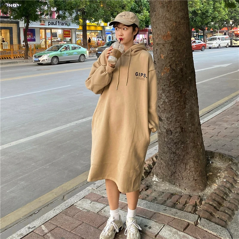 

Harajuku Style Winter Women Fashion Long Sleeve A-line Hooded Dress Casual Loose Korean Knee-length Party Dress Vestido