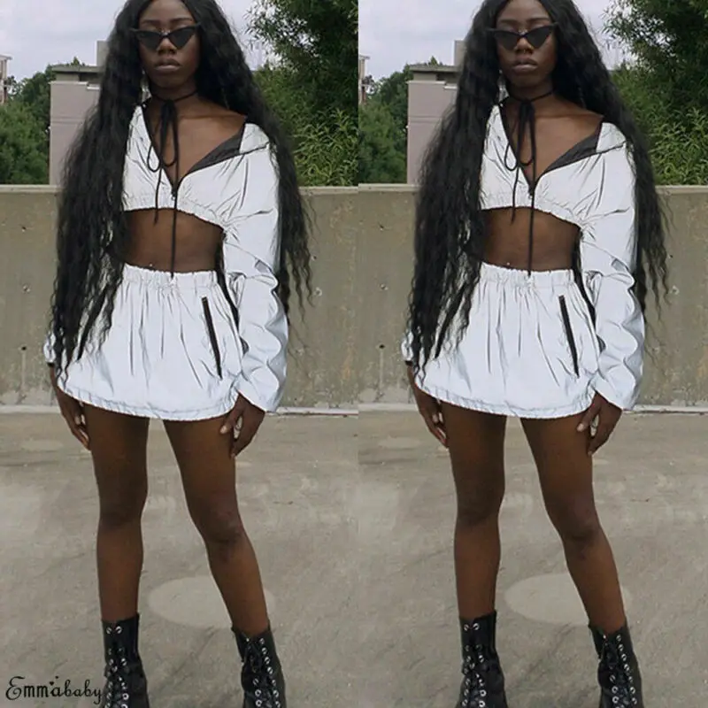 Модный светоотражающий спортивный костюм для девочек короткий топ мини-юбка на