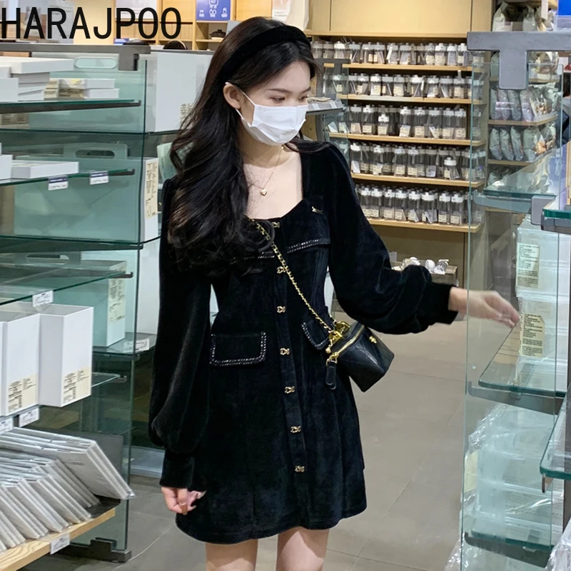 

Harajpoo Dress Woman Korean Streetwear Gold Velvet Black 2022 Spring Autumn New Lantern Sleeve Square Collar Y2k Mini Dresses