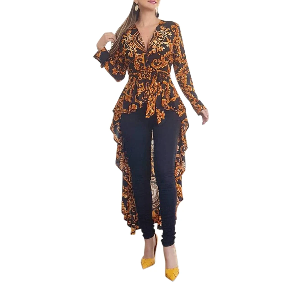 

2019 Fall Women Elegant Blusas Boho Vintage V-Neck Long Top Female Stylish Casual Shirt Baroque Print Long Sleeve Hem Blouse D30