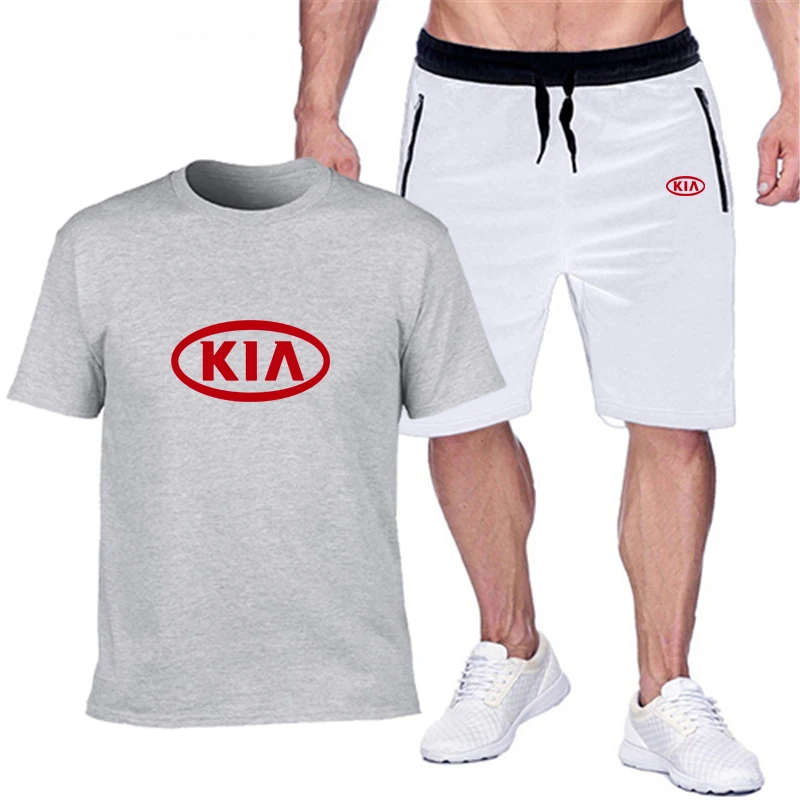 

popular new KIA car logo printed pure cotton men's T-shirt + Sports Shorts Set high quality pures T shirt sport running