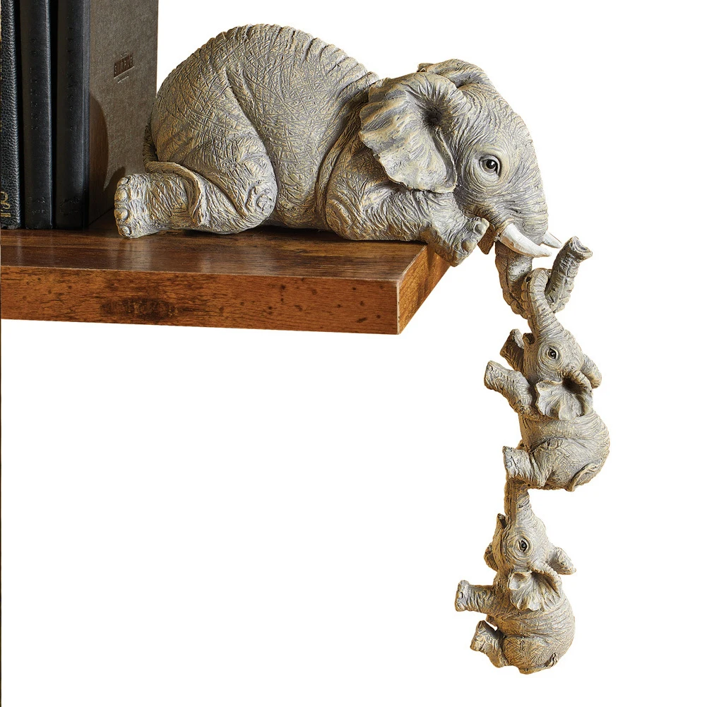 

Elephant Resin Ornaments Three-piece Decorations, 3 Elephant Mothers and Two Babies Hanging on The Edge of Handicraft Statues