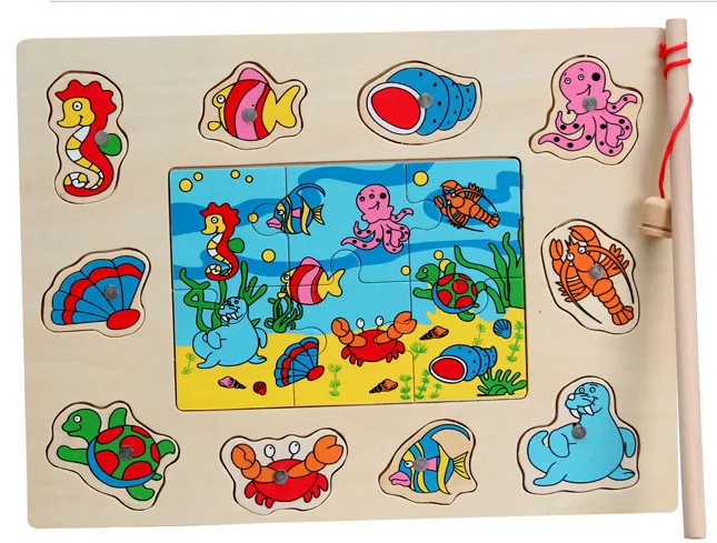 Детская деревянная Магнитная рыболовная игрушка для кошек мультяшная игра-пазл