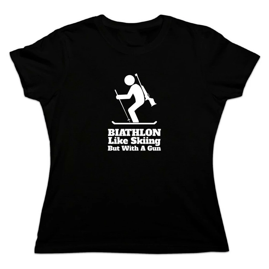 Biathlon как катание на лыжах но с пистолетом женская новая футболка хлопковая