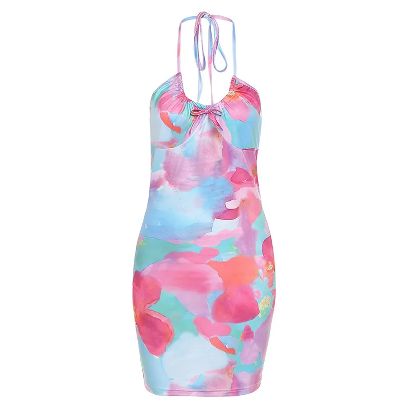 

Women Sexy Mini Dress Bodycon Tie Dye Sleeveless Halther Backless Beach Hanging Neck Short Summer Dress 2021 New