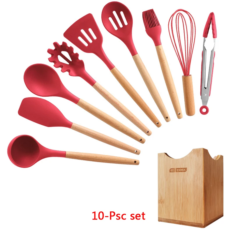 10-Pcs kitchen set 11-13 шт Силиконовая кухонная утварь набор кухонной утвари антипригарный шпатель Премиум деревянная ручка с ящиком для хранения кухонные инструменты - Цвет: 10-Pcs kitchen set