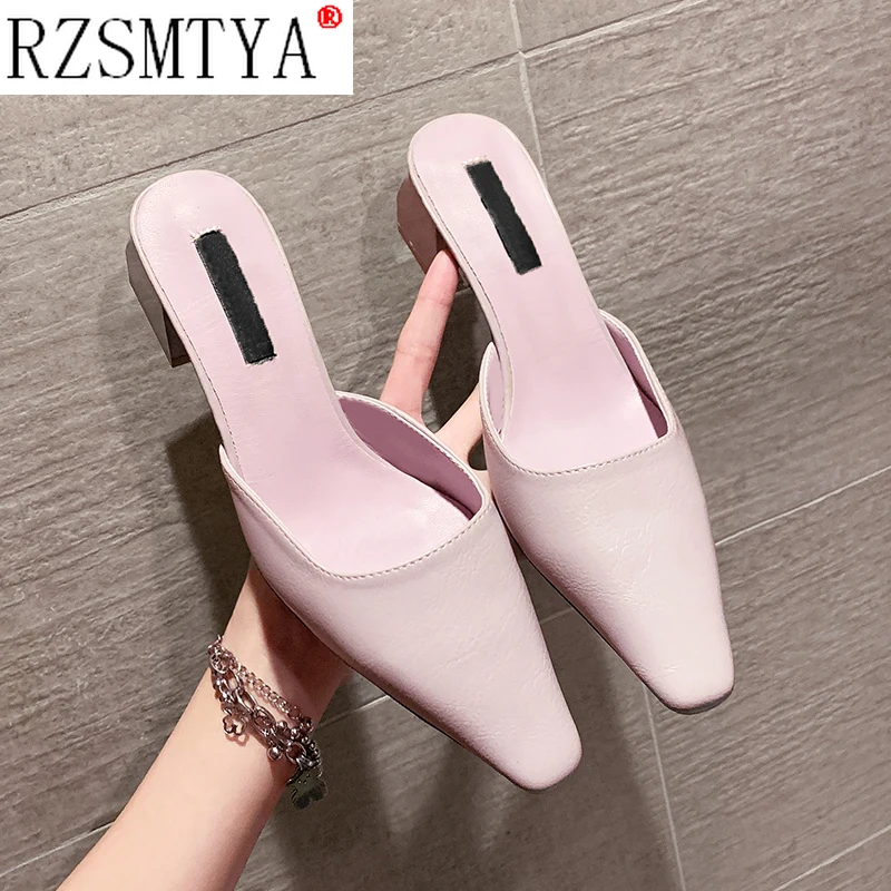 

Pointed Slippers Women High Heels New Summer Shoes Fashion Luxury Square Heel Slides Slip Loafers Mules Black Female Party Shoes