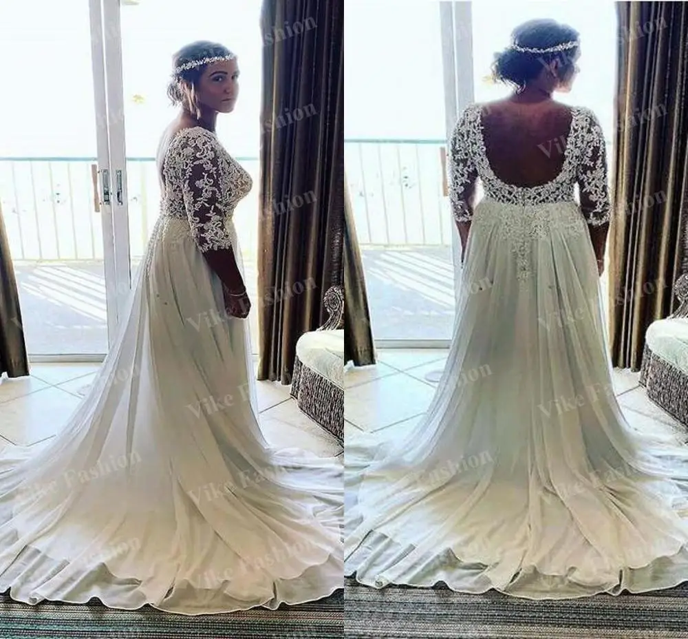 

Пляжное свадебное платье с открытой спиной в стиле бохо 2021, кружевное платье с полурукавом, блестящее искусственное Африканское шифоновое ...