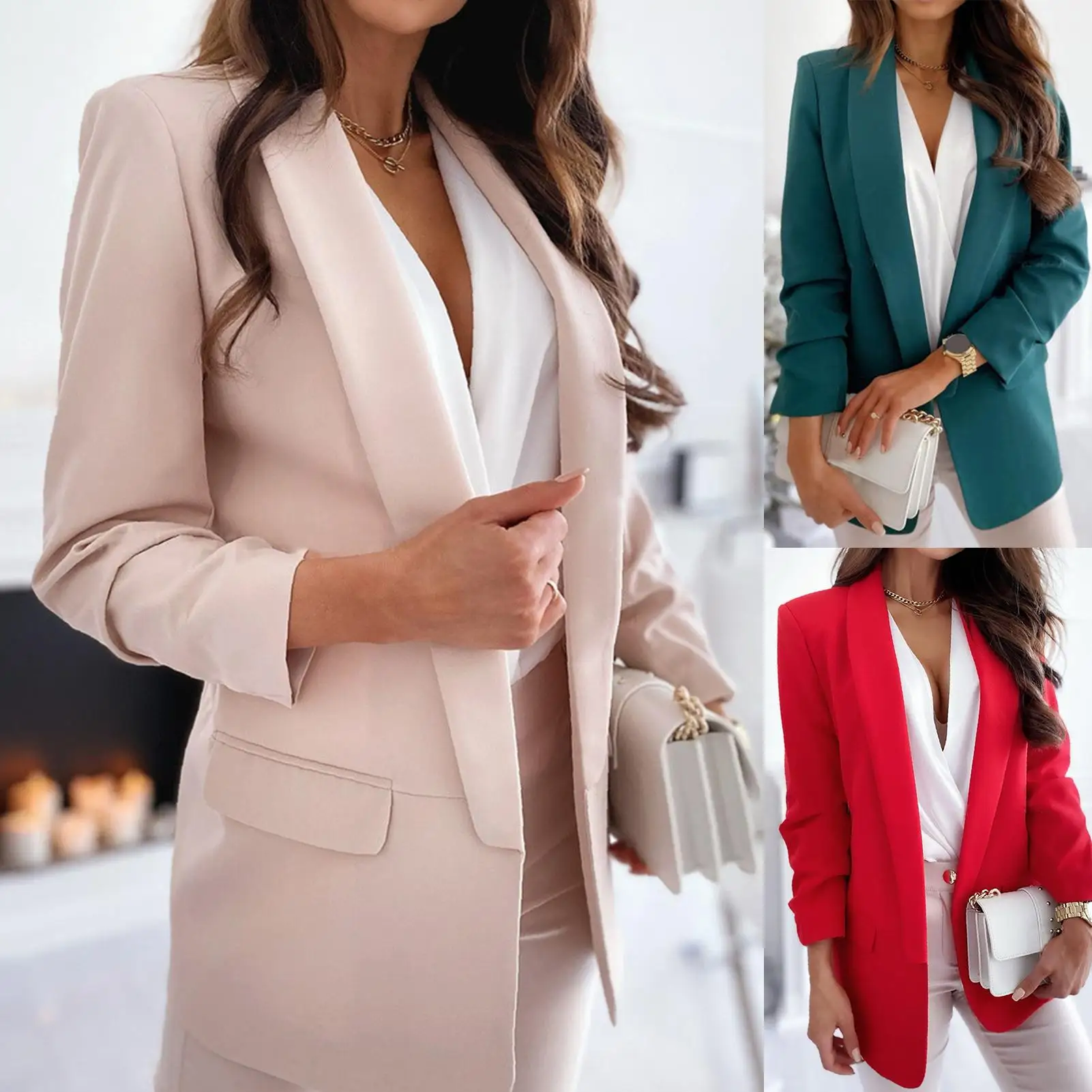 

New Stylish Autumn Office Lady Slim Outwear Blazer Cardigan Long Sleeve Lapel Solid Color Formal Work Jacket