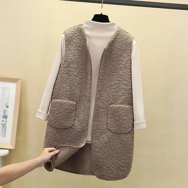 2021 Autumn Long Vest Women Winter Thermal Waistcoat Warm Fleece Female Sleeveless Jacket Ladies Vests For | Женская одежда