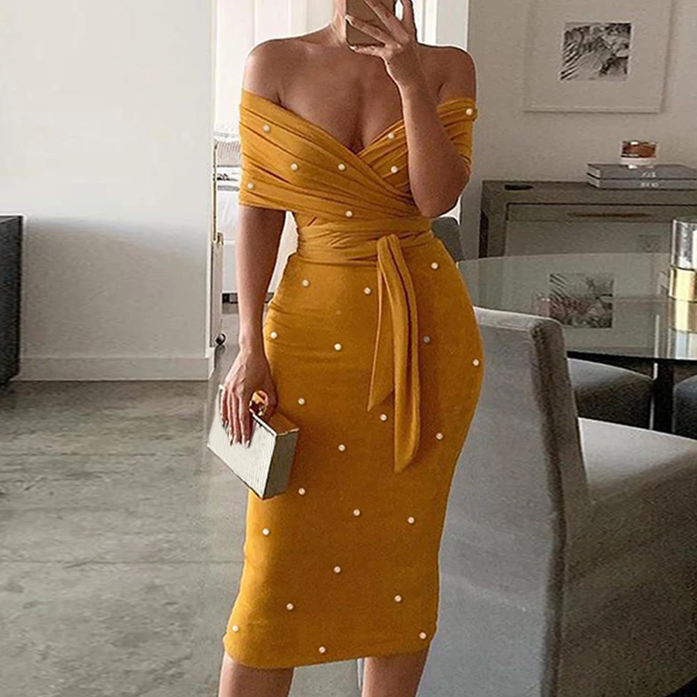 CALOFE модное женское платье с бисером открытыми плечами сексуальное тонкое