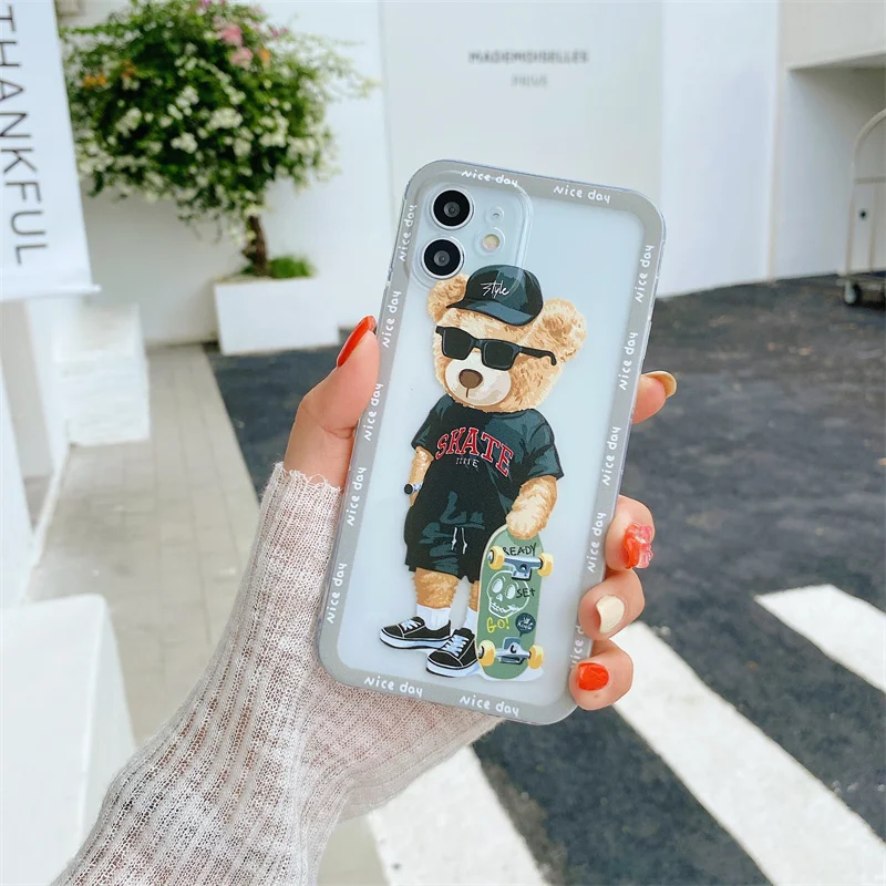 Чехол для iPhone 13 Pro Max симпатичный крутой чехол скейтборда плюшевый медведь утка