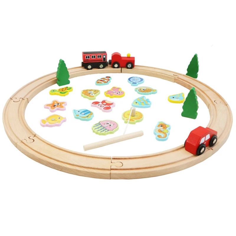 

Children's Wooden Electric Small Train Track Set Magnetic Puzzle Building Block Assembly Fishing Game Toy Set