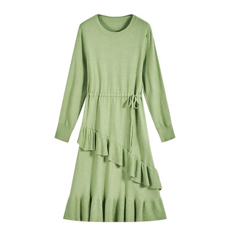 Fashion korean Ruffle knitted dress women casual Plus size slim Drawstring waist elegant a-line winter sweater party | Женская одежда