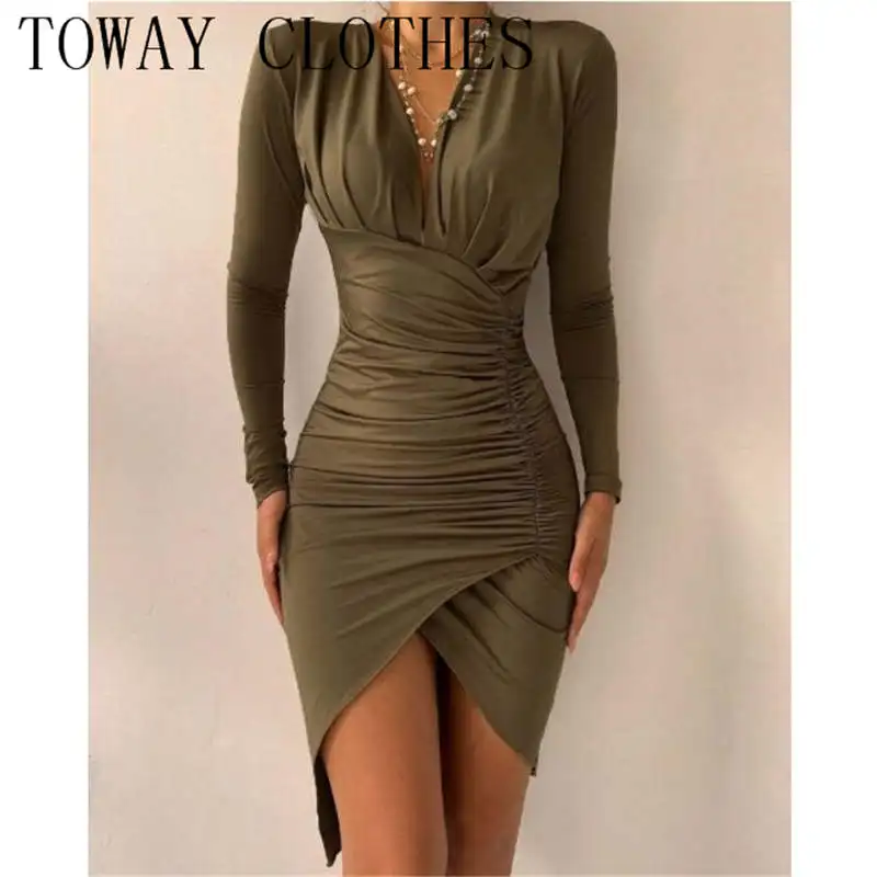 

Женское Ассиметричное платье с длинным рукавом, асимметричное однотонное платье с V-образным вырезом, складками и оборками