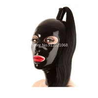 handmade latex mask rubber hood with ponytail wig tress hair pigtail tube club wear women cosplay costumes