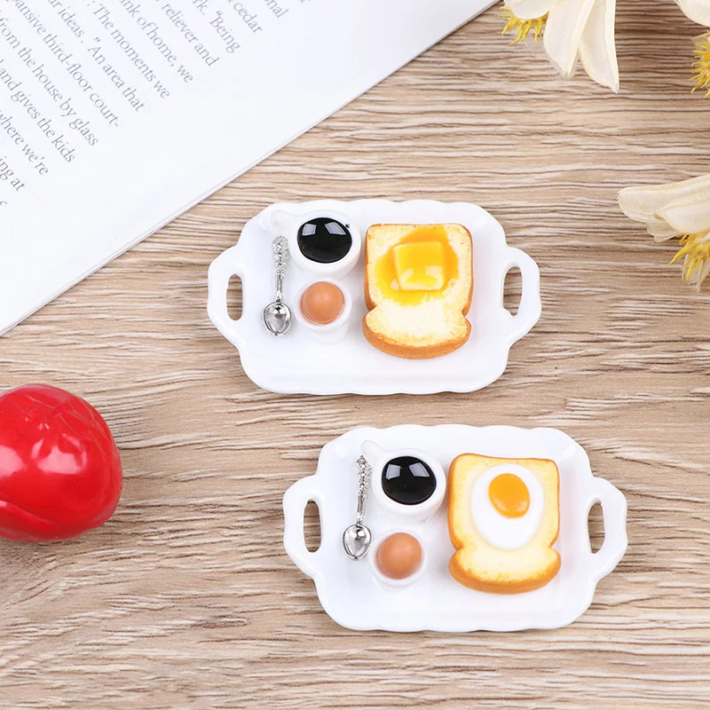

1:12 Miniature Breakfast Set Hamburger Croissant Toast Egg Coffee with Tray Dollhouse Kitchen Food Accessories