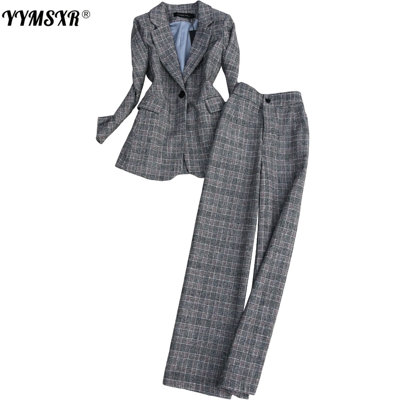 

Autumn and Winter Korean Fashion Suit Woolen Waist Plaid Suit High Waist Wide Leg Pants 2-piece Office Professional Wear Female