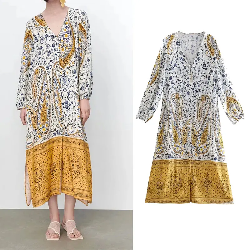 

Длинное платье-туника PPYQYKX, с цветочным принтом, с пышными рукавами, миди, винтажные платья на пуговицах, повседневные платья, 2021