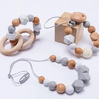 1set pacifier clips chain suit baby bracelet necklace teether beech wooden ring pacifier chain kids product for newborn gift