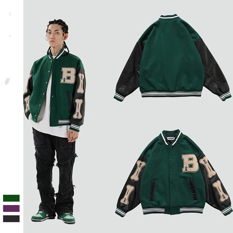 2021Men's Hip Hop Furry Bone Patchwork Color Block Jackets Men Harajuku Streetwear Bomber Jacket Retro Baseball Coats Unisex