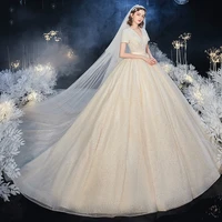 luxury court train wedding dresses short sleeves v neck shiny beaded pearls a linelace up princess 2022 new wedding bridal gowns