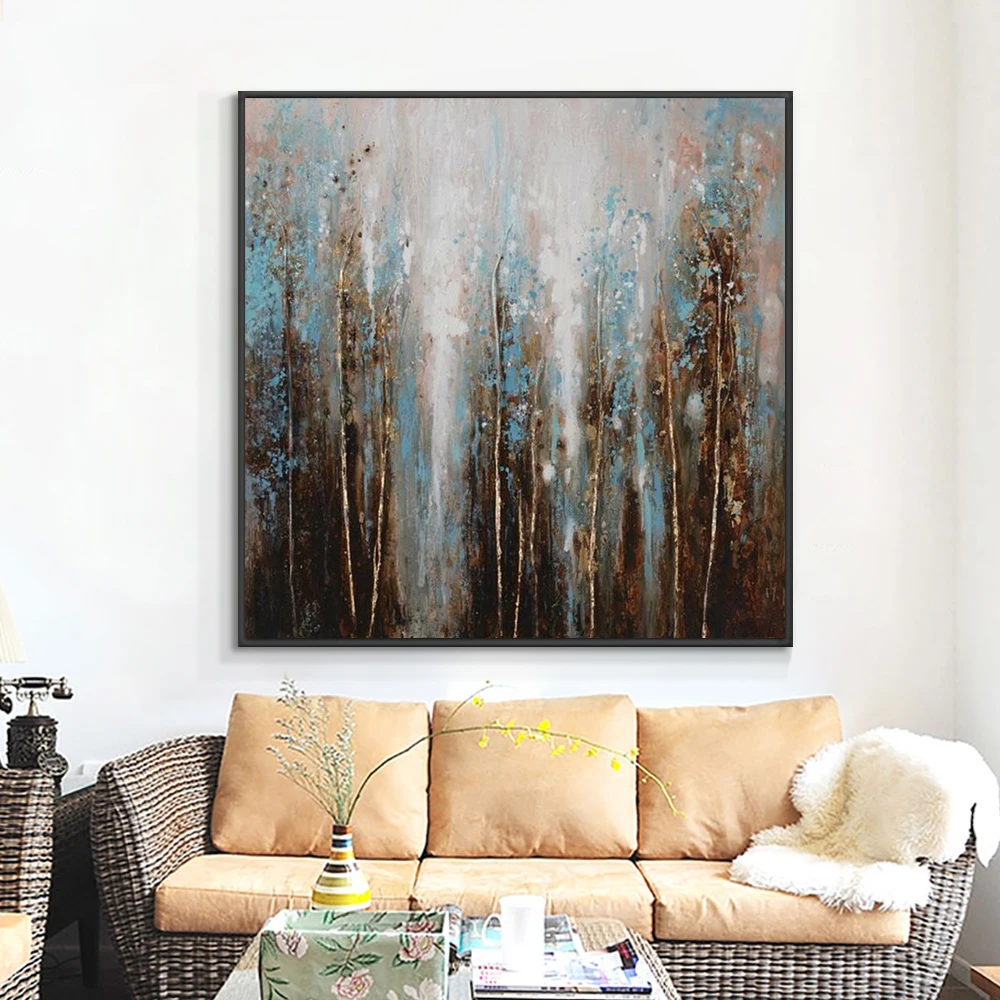 

Abstract Brown Trees With Blue Leaves Picture 100% Handmade Oil Painting On Canvas Modern Landscape Wall Art For Home Decoration
