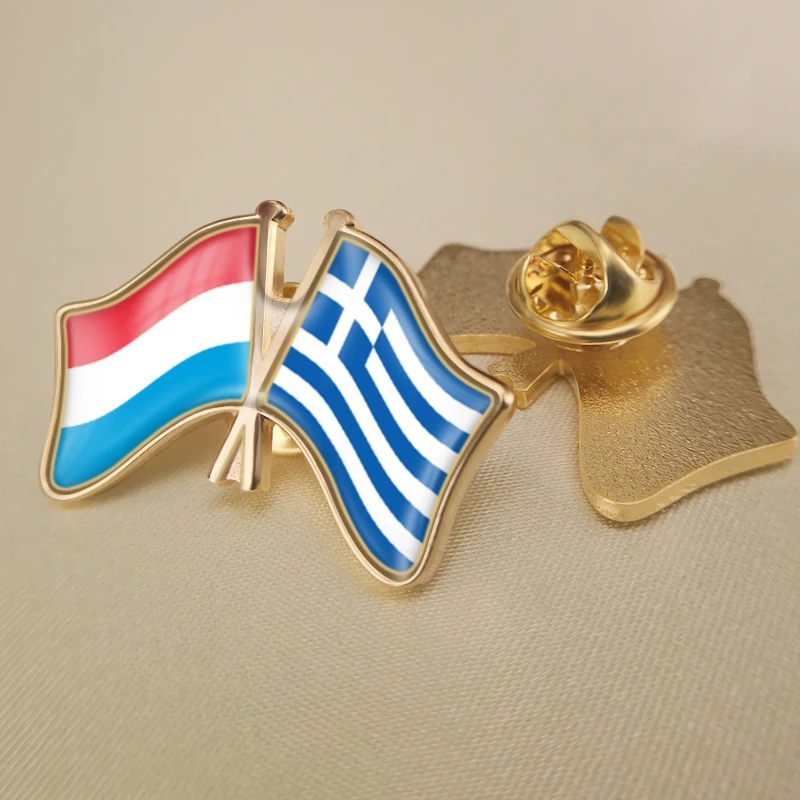 

Luxembourg and Greece Crossed Double Friendship Flags Lapel Pins Brooch Badges