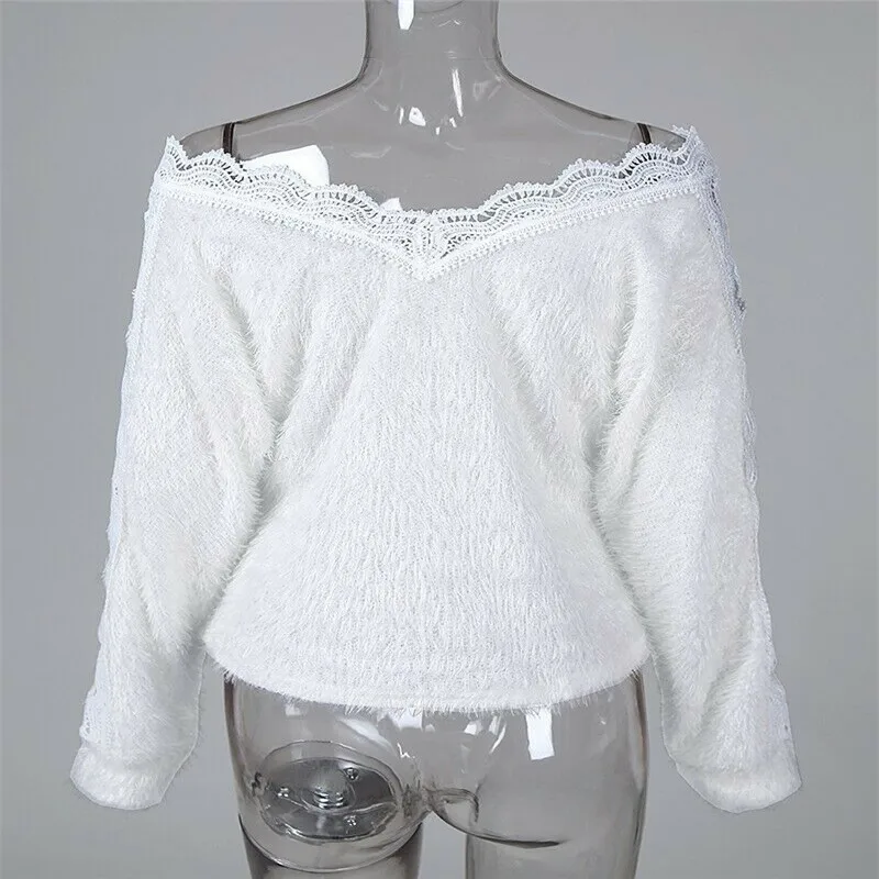 Женский ажурный пуловер белый кружевной джемпер с длинным рукавом и V-образным