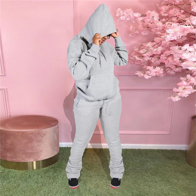 

Zoctuo Solid Two Piece Set Long Sleeve Women'S Set Hooded Sweatshirts Stacked Jogging Pants Set Suit Casual Tracksuit Outfit