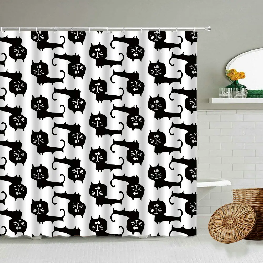

Cartoon Black And White Cute Cat Shower Curtain Pet Theme Design Child Bathroom Waterproof Polyester Curtains Home Decoration