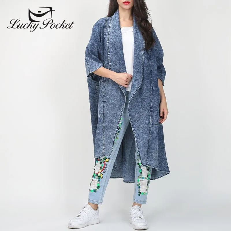 

Women Spring Autumn Fashion Turn-Down Collar Solid Color Trench Coat Ladies Blue Denim Long Coats Female Casual Outerwear ML85