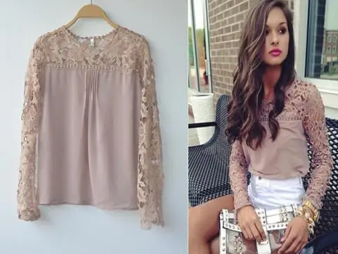 

New Fashion Women 'S Loose Casual Hollow Brirf Spring Summer Outwear Chiffon Tops Long Sleeve Tee Shirt Lace Blouse