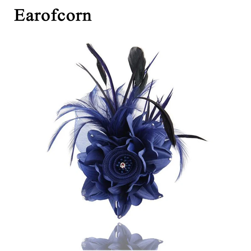 Blue Earofcorn Свадебная перьевая брошь Ruili модная высококачественная ткань ручной работы большая Цветочная Брошь цветок на голову двойного назначения - Окраска металла: Blue
