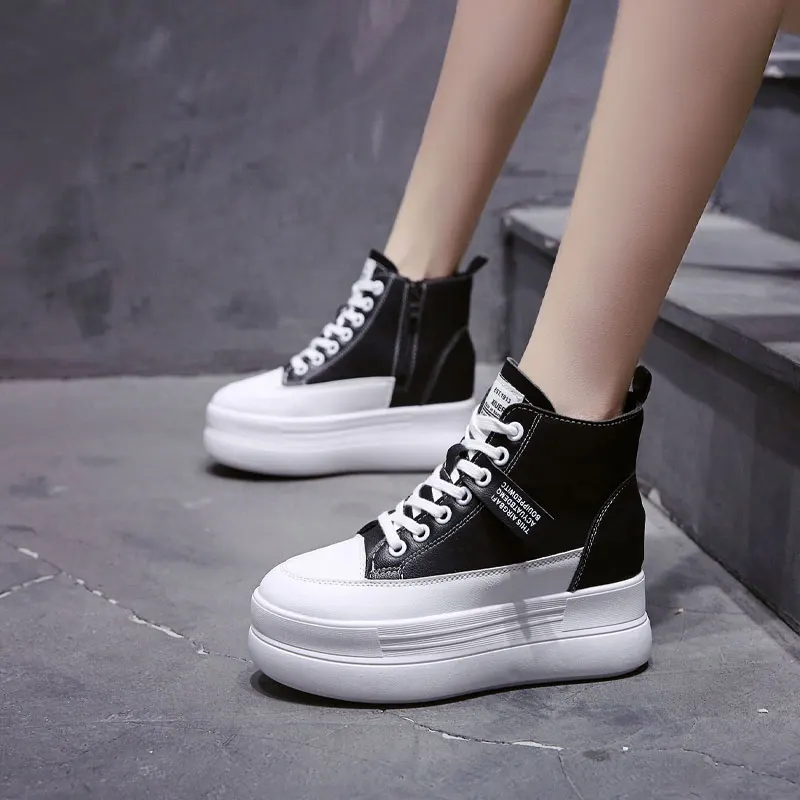 

2020 Women Sneakers Women Shoes Chunky High Tops Casual Shoes Leather Platform Footwear Fashion Increased Sneakers Black White