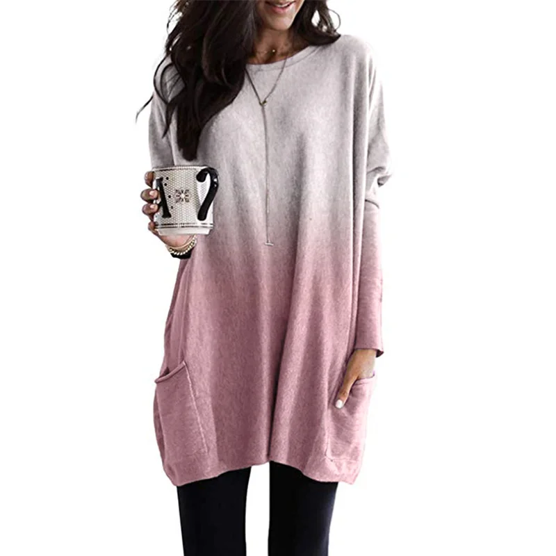 pink Taniafa новые модные женские футболки с круглым вырезом и длинным рукавом, градиентные Длинные футболки с карманами, повседневные свободные топы размера плюс - Цвет: pink