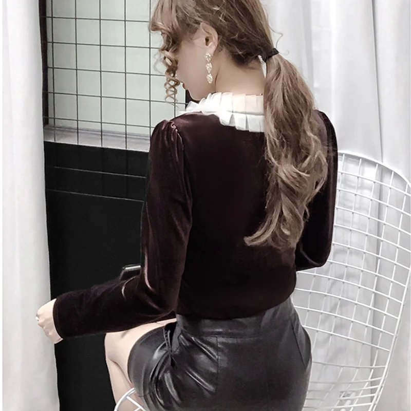 Весна 2021 элегантные женские топы с оборками Женская сетчатая Вельветовая блузка