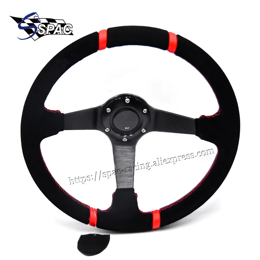 Автомобильный руль 350 мм Глубокая тарелка замша черная кожа красная стежка |
