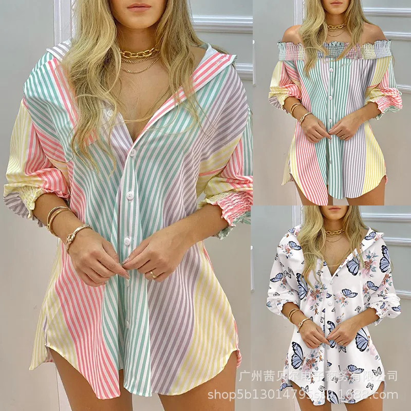 

2021 women's new color striped shirt dress