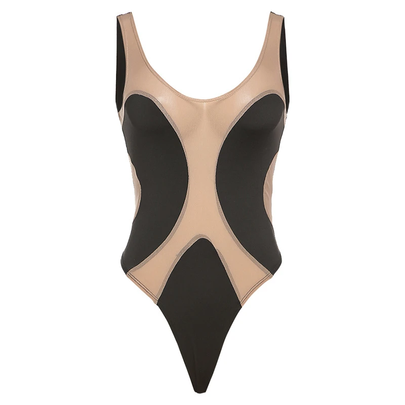 Модный хит Цвет пэчворк Пикантная прозрачная сетчатая ткань Боди без рукавов