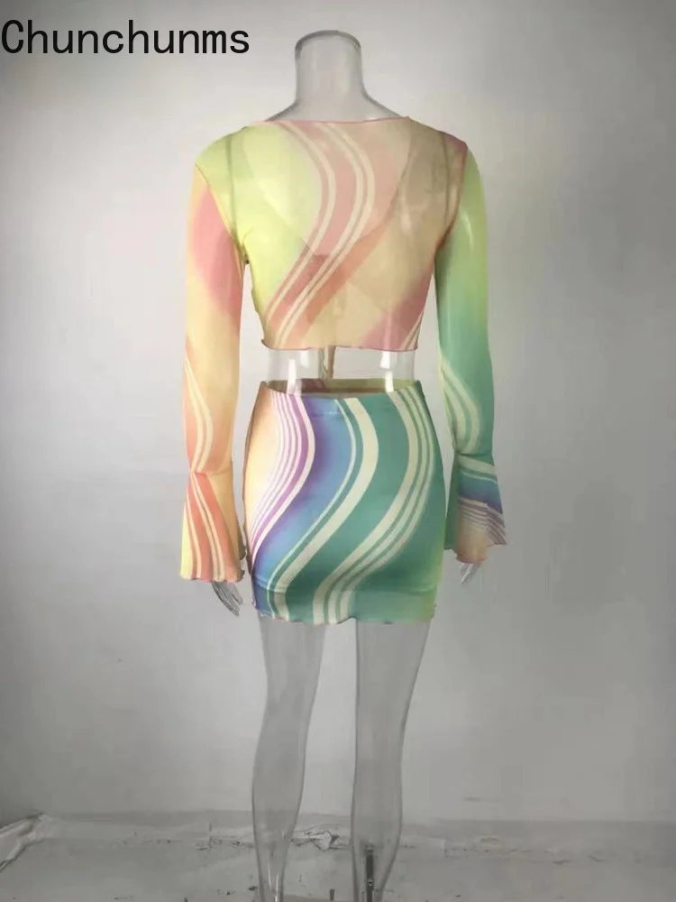 

Trend Rainbow Striped 2 Pieces Set For Women Printed Flare Long Sleeve T-shirt Mini Skirt Mesh Sheer Sexy Clubwear Matching Sets