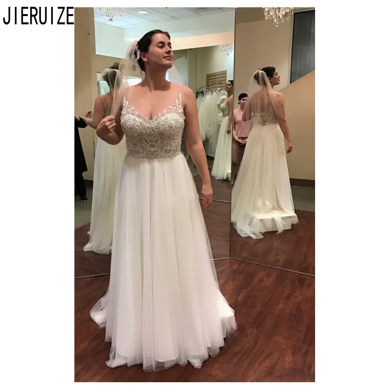 

JIERUIZE Elegant Boho Wedding Dresses Sheer Scoop Neck Button Back Wedding Gowns Lace Appliques A Line Tulle robe de mariee