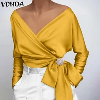 vonda 2021 women blouse elegant solid color v neck tops sexy office stylish shirts spring long sleeve bohemian blusas femininas
