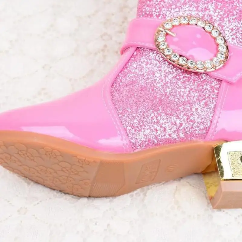 Зимние меховые сапоги для девочек на высоком каблуке блестящие детские