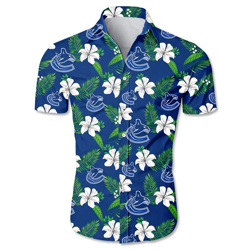 

Vancouver men's casual hawaiian shirts Green leaves white flowers blue cartoon fish print 3D Canucks tops