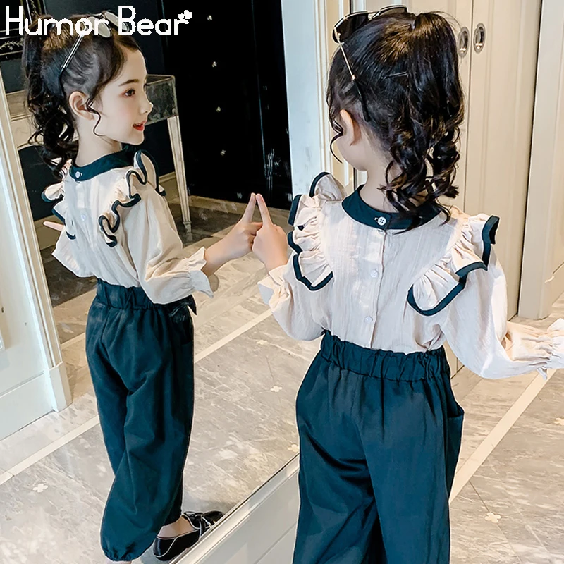 Humor Bear/От 4 до 13 лет, новинка года, Осенний Детский костюм Корейская версия для маленьких девочек, с длинными рукавами и рюшами+ штаны Весенняя детская одежда из 2 предметов