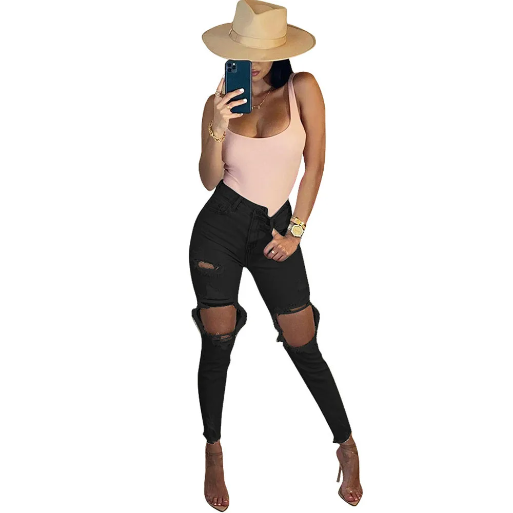 

Big Hole Hollow Washed Ripped Jeans for Women Fashion High Waist Zipper Fly Denim Trousers Streetwear Elastic Hight Pencil Pants