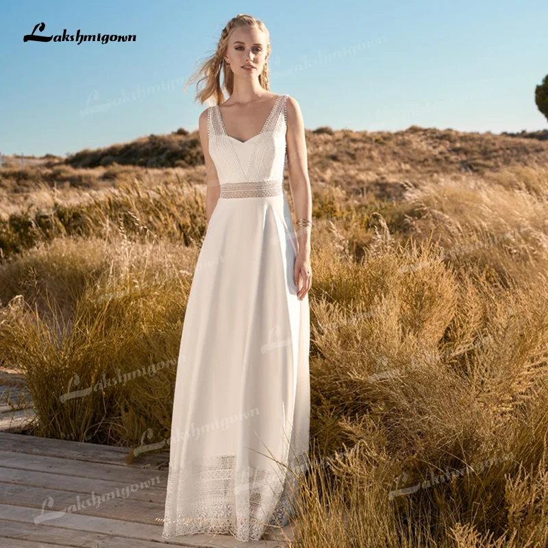 

Простой Boho кружевное свадебное платье 2021 Винтаж пляжное шифоновое платье трапециевидной формы, платья невесты костюм с сексуальным вырезо...